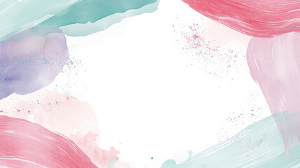 An elegant rectangle frame with soft pastel gradient colors of pink, lavender, and mint, surrounded by small sparkling glitter accents, detailed brush splatter elements, clean white background, high-d