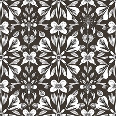 Fototapeta premium Elegant Floral Pattern: A timeless and sophisticated design featuring intricate white floral motifs on a rich brown background, perfect for adding a touch of classic elegance to your projects. 