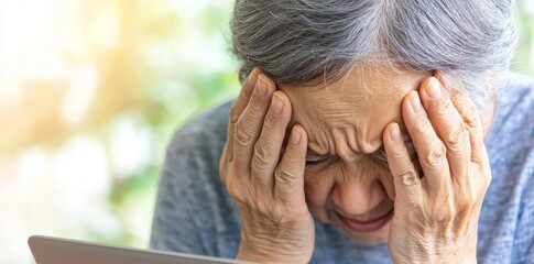 Fototapeta premium An elderly Caucasian woman expressing irritation with a laptop in the kitchen