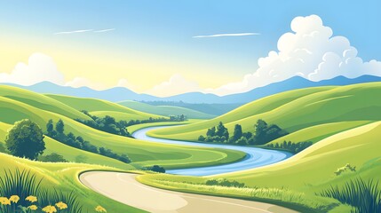 Vintage style travel poster featuring a scenic view of rolling hills and a winding river under a bright blue sky
