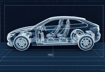 Technical blueprint of car suspension system. Wireframe shows chassis components. Design detailed. Graphic displays car interior, exterior. Dimension measurement shown. Plan view of automotive