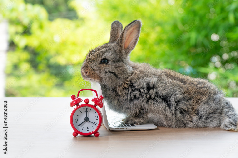 Wall mural Healthy infant rabbit bunny learning laptop with red alarm clock sitting on wooden over bokeh spring green background. Lovely baby mammal bunny playful small computer on wood. Easter rabbit education.