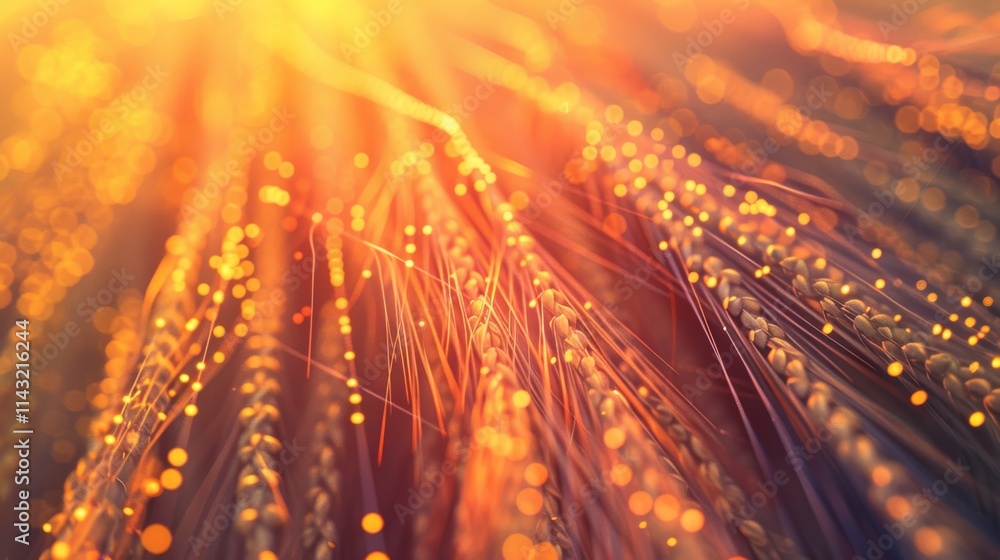 Poster artistic 3d rendering of radiant fiber optics with glowing orange and gold particles flowing across 