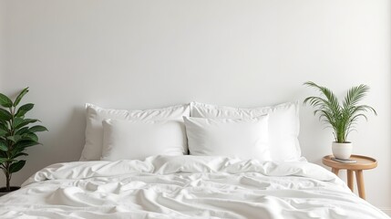 Minimalist Bedroom with White Bedding and Plants