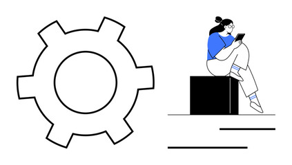 Large gear with thick edges next to a woman in blue shirt and white pants sitting on a box reading a tablet. Ideal for technology, productivity, education, innovation, workflow, user support