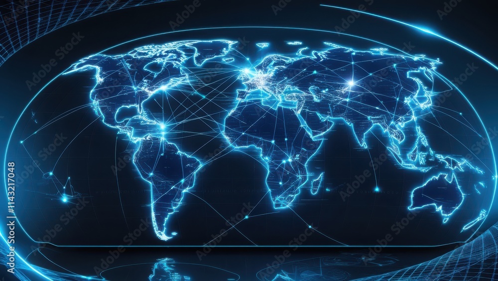 Poster global network connections illuminating world map