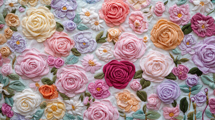 Pastel Spring Roses: 3D Hand-Embroidered Floral Garden