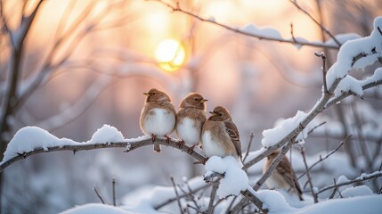 Birds Perched on Snowy Branch at Sunrise
