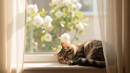Cat Sleeping on Sunny Windowsill