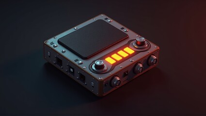 Obraz premium A futuristic audio device with glowing red neon lights, knobs, and digital controls, resembling a sci-fi radio or music player. Sleek and high-tech design. Generative, AI,