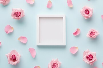 A white wooden frame, framed by pink roses, sits on a pastel blue background
