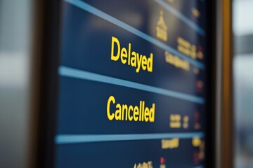 Flight status board displays delayed and cancelled flights at an airport terminal