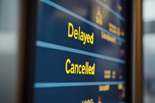 Flight status board displays delayed and cancelled flights at an airport terminal