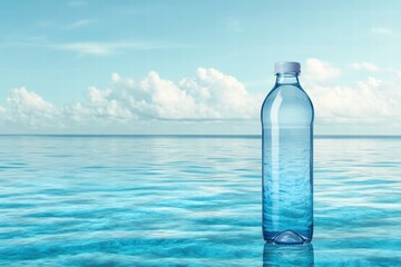 Bottle of water placed on calm ocean surface under a clear blue sky