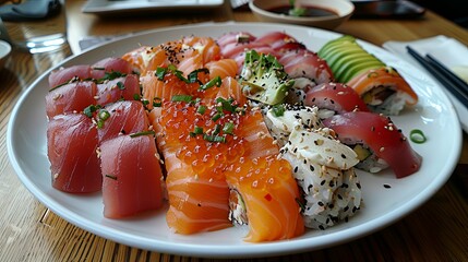 Assorted Sushi Platter Featuring Tuna, Salmon, and Avocado Rolls