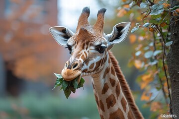 Obraz premium Giraffe feeding on leaves from tall tree in vibrant autumn foliage