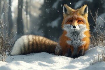 Fototapeta premium Fox in a winter forest showcasing vibrant fur and a fluffy tail amidst soft snow