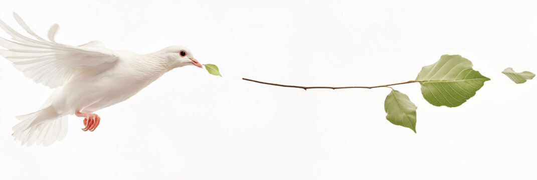 Free white dove soar through sunny blue sky, clutching  green leaf in its beak, flying gracefully past cloud, symbolize peace as it hold  twig in it wings. Panorama, bird, white, cloud, pigeon.