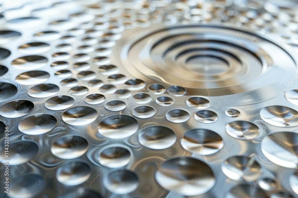 Poster abstract industrial background featuring many domed rivets on metallic surface, creating futuristic,