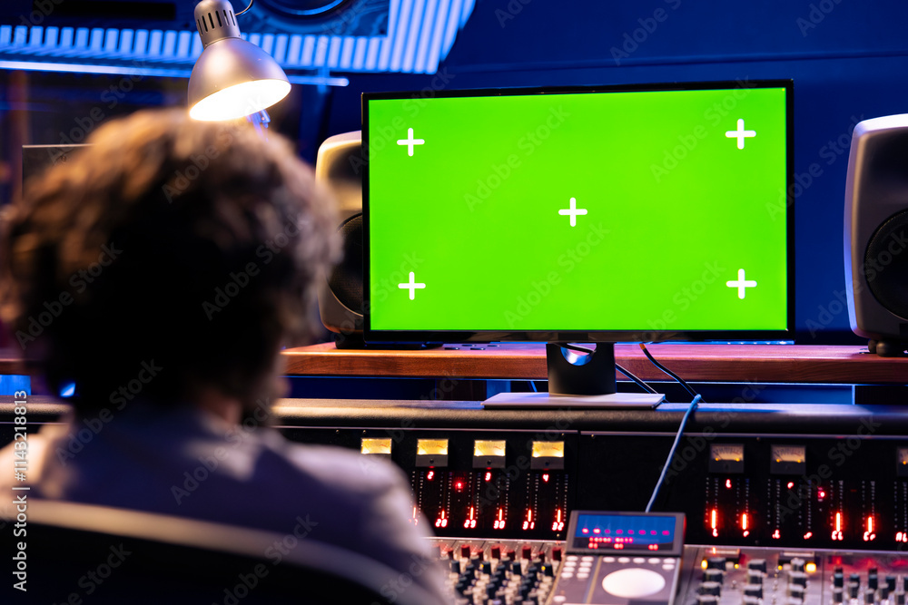 Poster Music producer operates on control desk and mockup computer in professional studio, pressing key buttons and faders to create sounds. Young sound designer editing music and adding audio effects.