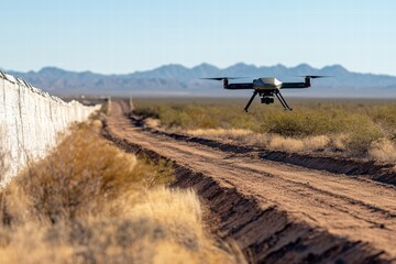 Police drone patrols border area in remote landscape surveillance operation