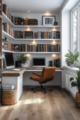 Photographie de qualité d'un bureau de travail minimaliste à domicile avec un design épuré et une ambiance productive