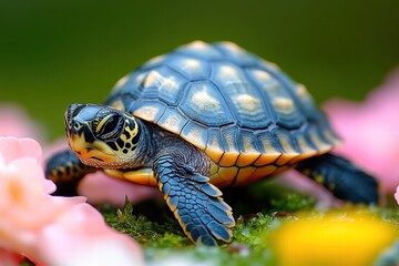 Obraz premium Small turtle crawls towards the ocean on a sandy beach during sunrise