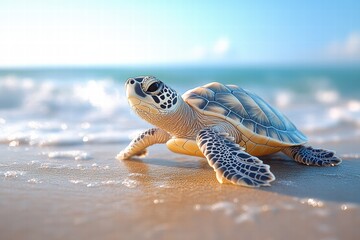 Small turtle crawls towards the ocean under a bright sky