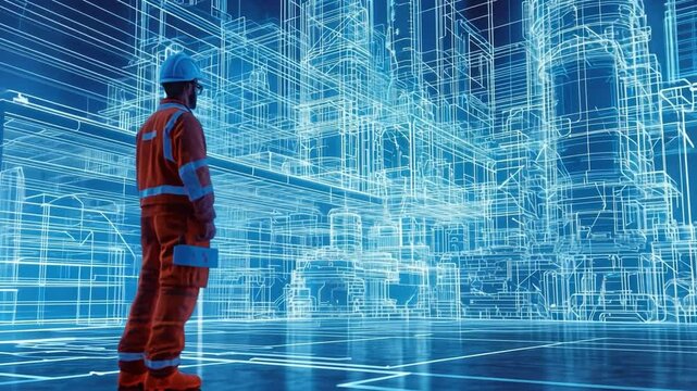 Industrial Vision: A lone worker in a hard hat and safety gear stands before a futuristic, wireframe vision of a sprawling industrial complex, symbolizing innovation, progress.
