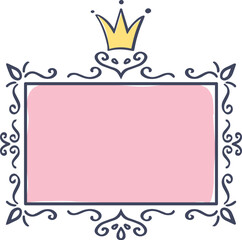 Hand drawn pink rectangular frame featuring a golden crown and elegant decorations, perfect for adding a touch of royalty and sophistication to any design project