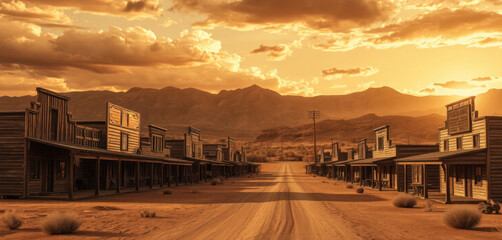 Deserted vintage cowboy town at sunset. Wooden buildings line dusty road. Nostalgic, abandoned atmosphere. Scenic landscape of mountains, desert. Sepia toned photo evokes old west era. Historic rural