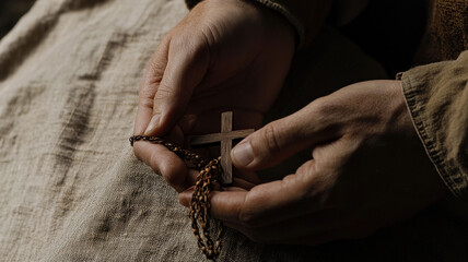 Obraz premium A close-up of hands gently holding a rosary with a wooden cross, resting on a linen cloth, evoking a reverent and peaceful atmosphere, perfect for spiritual or Easter themes.