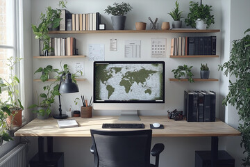Photographie de qualité d'un bureau de travail minimaliste à domicile avec un design épuré et une ambiance productive