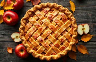 Delicious homemade apple pie sits on rustic wooden table. Fresh sliced apples surround pie. Golden brown crust with lattice design. Autumnal theme with fall leaves. Ideal for autumn dessert