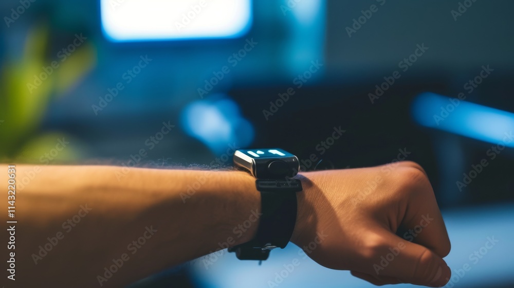 Poster close-up of a smartwatch with a luminous digital display on a wrist, set in a dimly lit room, emphas