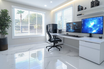 Photographie de qualité d'un bureau de travail minimaliste à domicile avec un design épuré et une ambiance productive