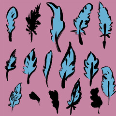 Fototapeta premium Set of feathers, vector, isolated, hand draw ink like doodle. With texture and brush strokes. Bright colors, original and unusual.