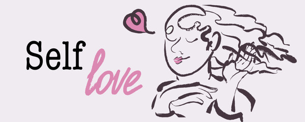 Banner with illustration of woman in brush strokes hand draw, hand written love and heart.