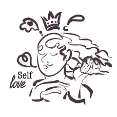 Minimalistic Porträt of a woman, hand draw with texture. Self love quote, with a crown and a hart