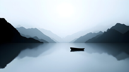 A minimalist design of a lake surrounded by mountains, with a boat floating on the water. Lake with mountains and boat.