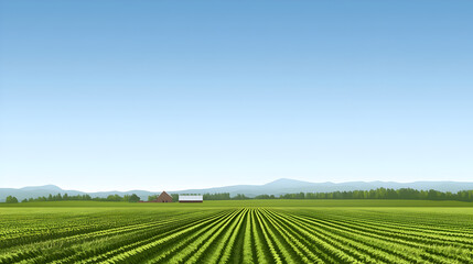 A simple illustration of a farm field with rows of crops and a barn in the distance. Farm field minimalist design.