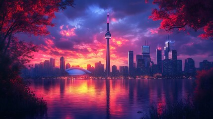Fototapeta premium Toronto tower with sunset skyline colors high resolution image