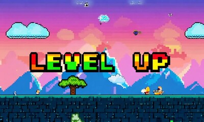 Pixel art level up text with vibrant mountain landscape, colorful sky, and retro video game aesthetics - Powered by Adobe