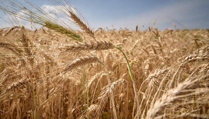 Golden Wheat Field with Close-Up of Ripe Wheat Grains Ready for Harvest