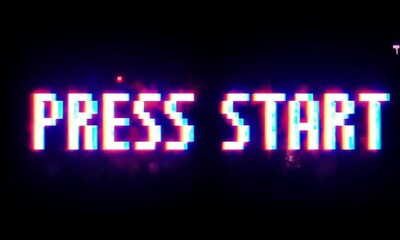Press start text in vibrant glitch effect with neon colors and retro pixel art style on dark background - Powered by Adobe