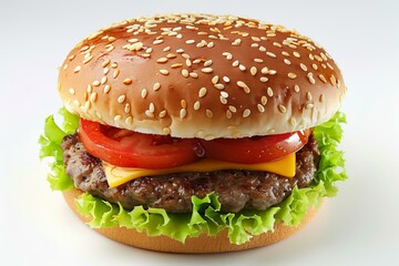 Mouthwatering hamburger with fresh ingredients sits on a plain white background