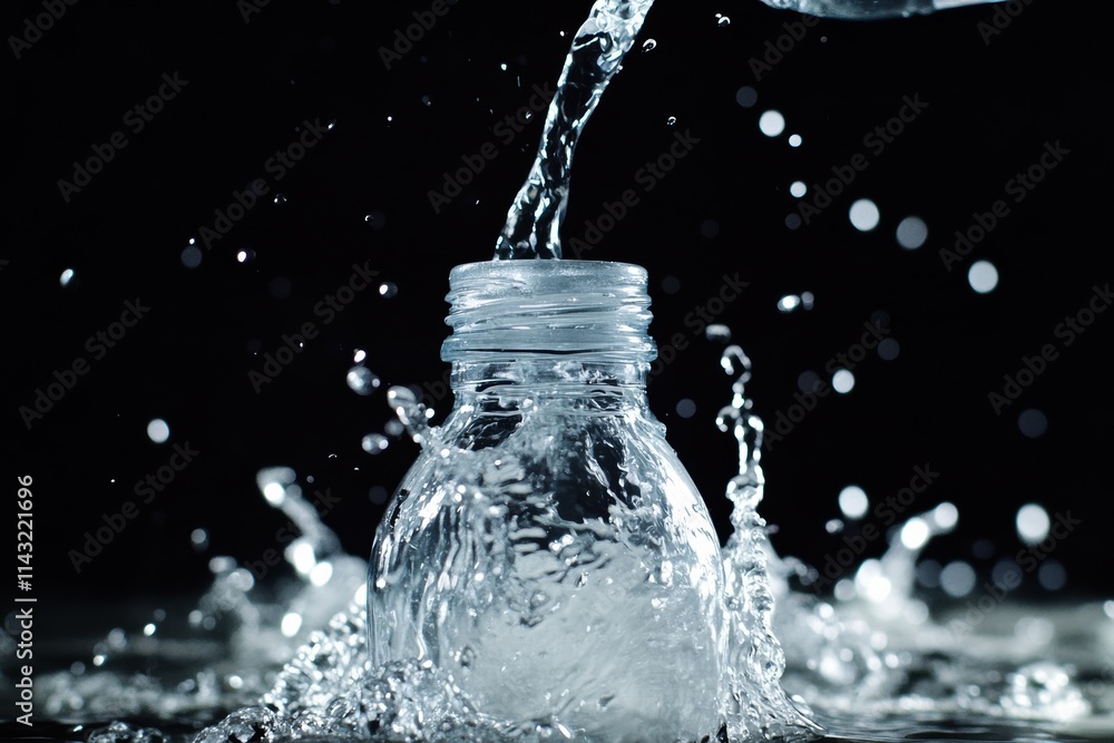 Poster pouring water into a bottle creates dynamic splashes in slow motion