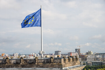 Image of European Union flag from inside the Reichstage Building in Berlin, Germany on June 19, 2024.