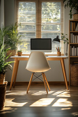 Photographie de qualité d'un bureau de travail minimaliste à domicile avec un design épuré et une ambiance productive