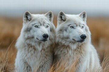 Obraz premium Polar wolves standing together in the tundra during the early morning light